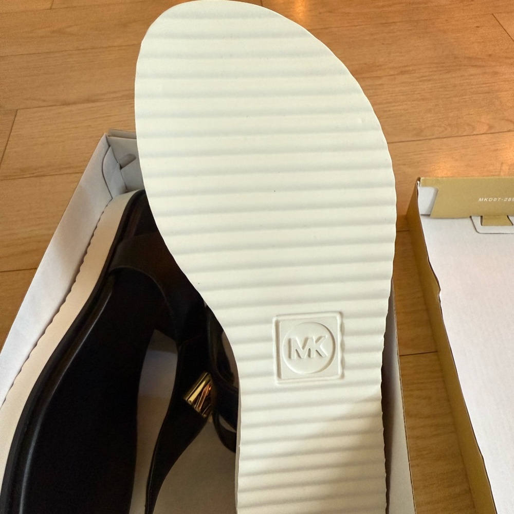 BRAND NEW- Michael Kors Black Sandals with Gold Logo - Picture 2 of 5